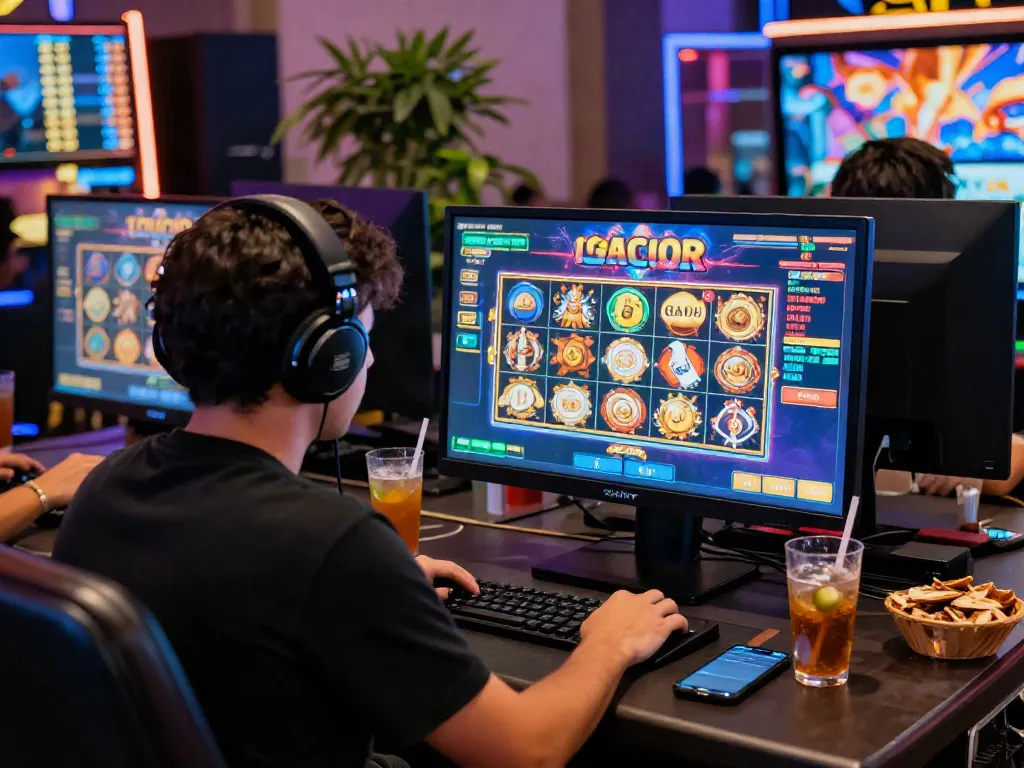 Player engaging with slot gacor games in a lively online casino environment with vibrant graphics