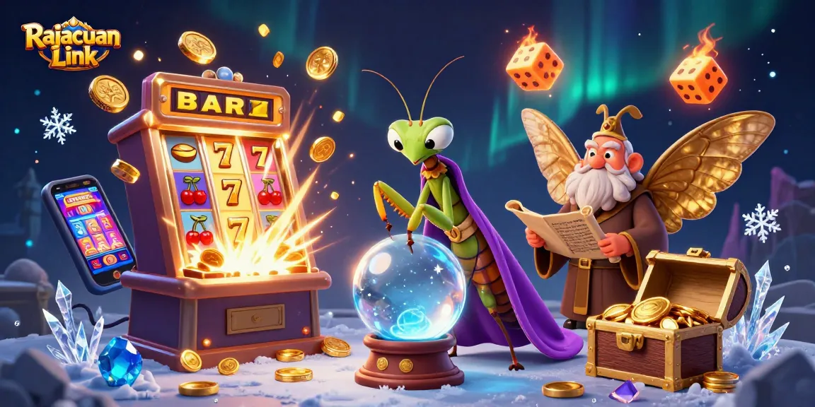 Permainan slot menarik dengan Rajacuan Link yang menyala, dikelilingi keberuntungan dan simbol kasino.