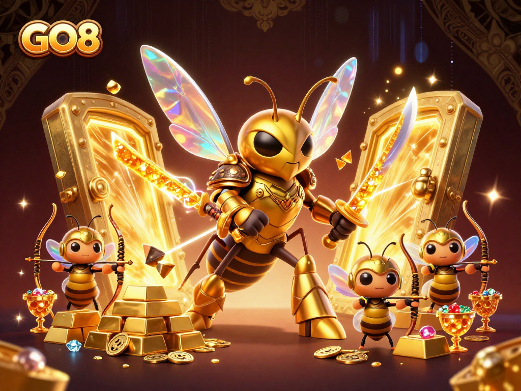 Engage in thrilling wins at GO8, featuring a dynamic 3D hornet samurai and treasure-filled casino elements.