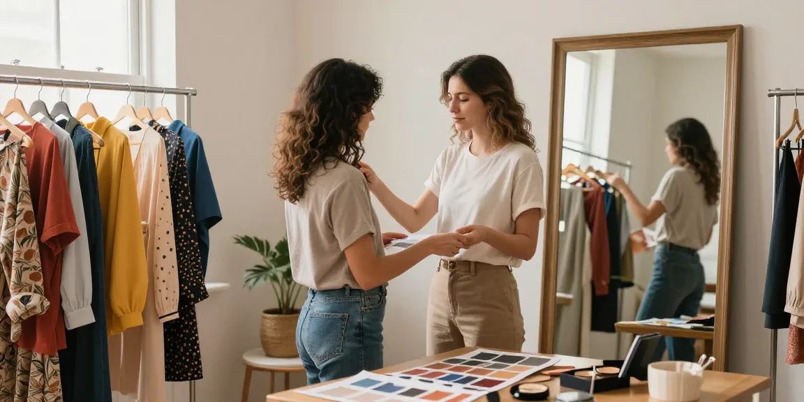 Consulenza d'immagine in studio con stylist e cliente, scelta di abiti personalizzati.
