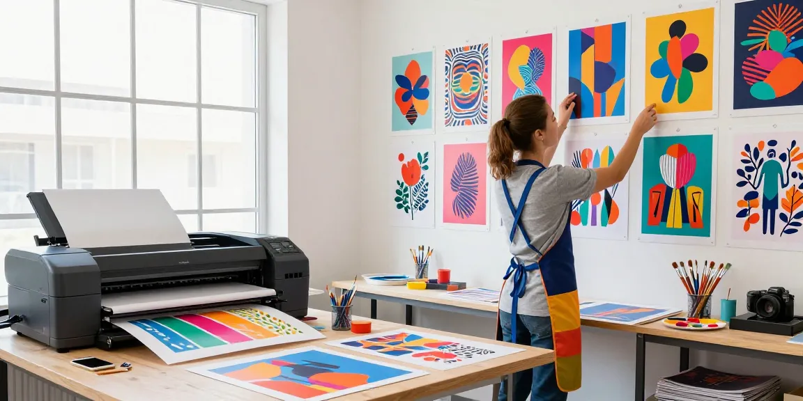 Creative designer showcasing custom poster printing in vibrant art studio