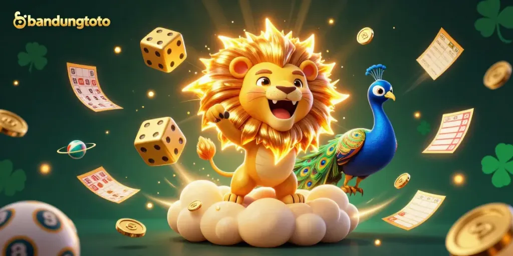 Bandungtoto celebrates lottery excitement with a vibrant 3D illustration of festive gaming elements.