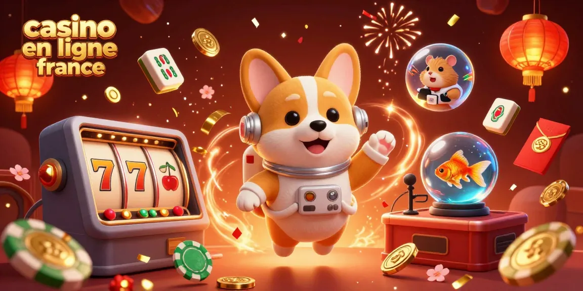 Jouez dans un casino en ligne France virtuel, animé par un corgi astronaute, des jetons et des machines à sous flottants.