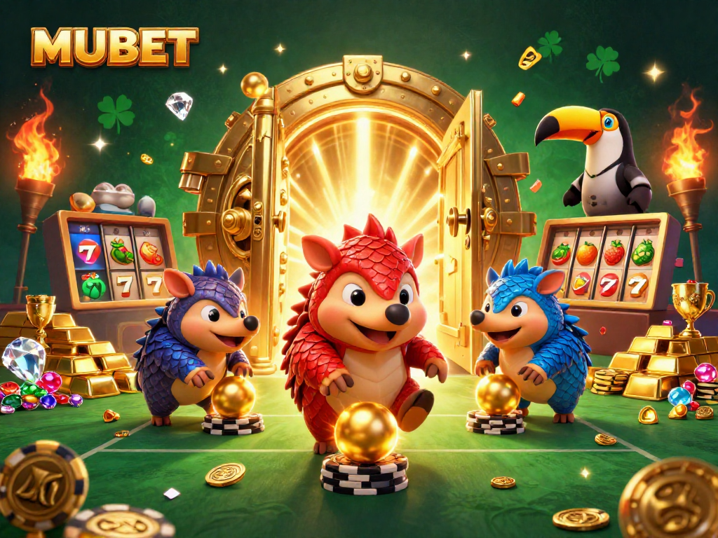 MUBET pangolins compete in a vibrant casino scene, surrounded by gold and slot machine elements.