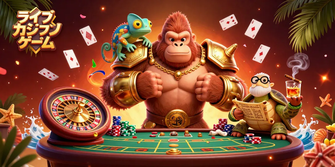 ライブカジノゲームのシーンで、ポーカーチップやカードが散らばる中、パワフルなゴリラ王と知恵を持つ亀が登場