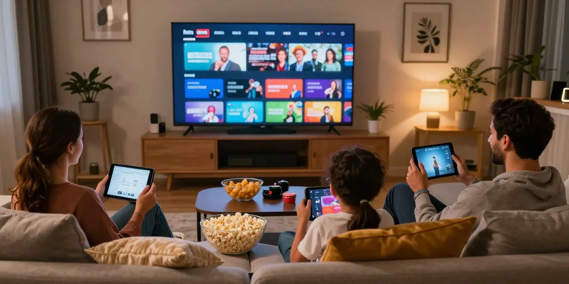 Family enjoying a movie night using dez pila streaming service in a cozy living room.