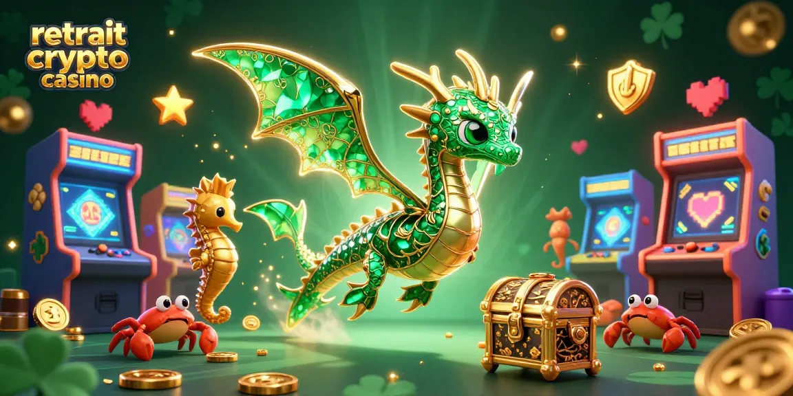 Retrait crypto casino avec un dragon des mers et un coffre au trésor animé, tout en jouant rapidement.