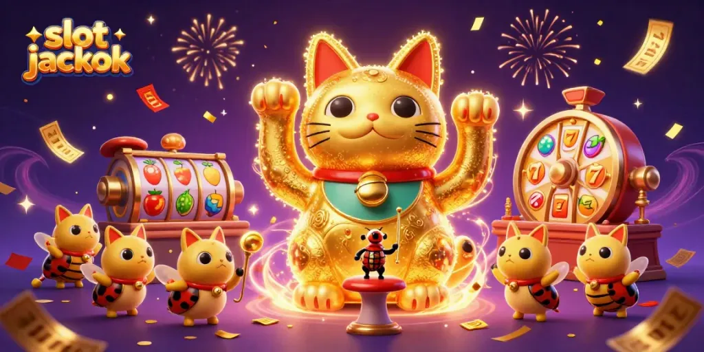 Experience an enchanting scene featuring a lucky cat made of golden fireflies and vibrant casino symbols celebrating slot jackpots.