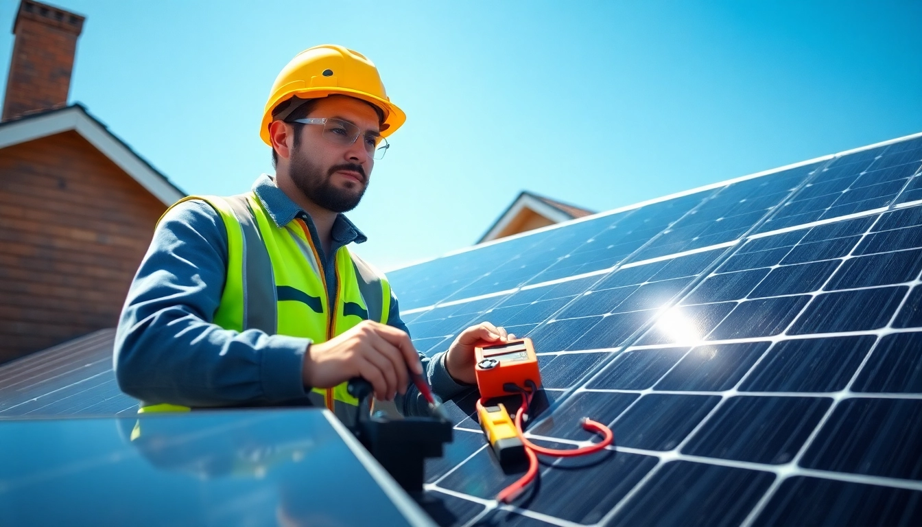 Technician providing solar panel repair near me on a rooftop, showcasing professionalism and expertise.