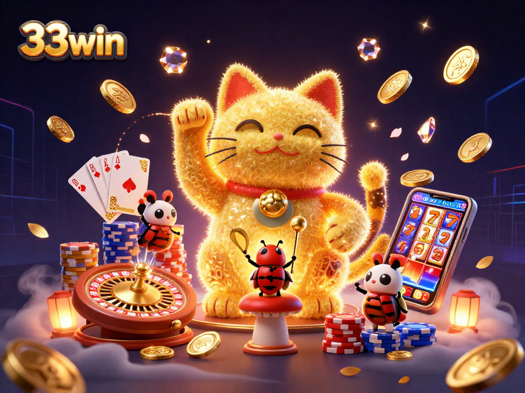 Experience the vibrant world of 33win with a dazzling golden lucky cat and magical casino symbols