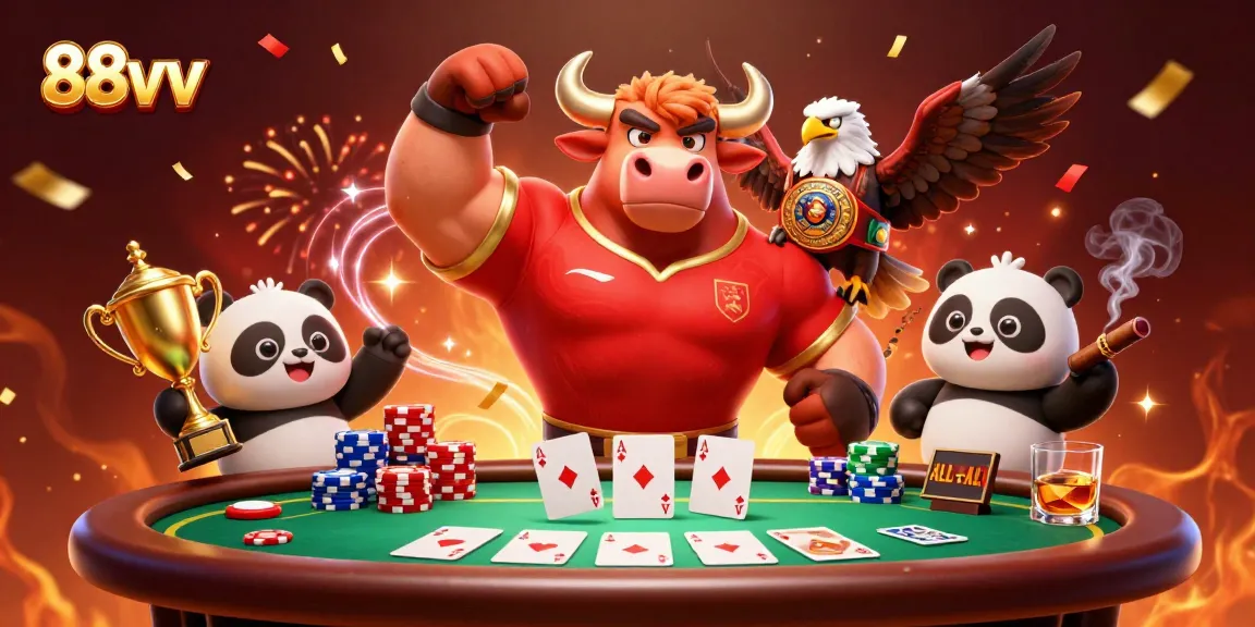 Celebrate wins at 88vv with a dynamic 3D casino scene featuring iconic characters and poker elements.