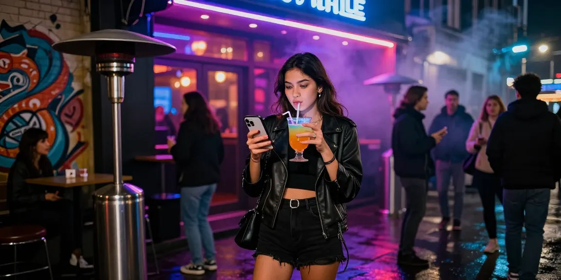 Cảnh gái gọi trong không khí sôi động của buổi tối tại câu lạc bộ, ánh đèn neon sáng rực.