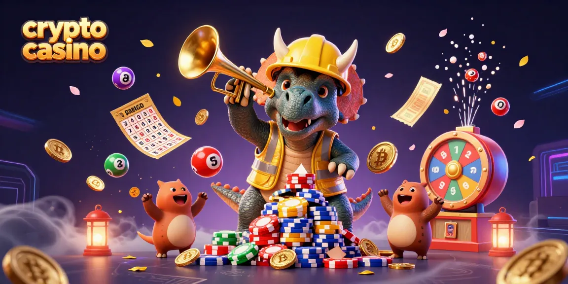 Jouez sur un casino crypto avec des personnages festifs créant une pyramide de jetons tout en célébrant une expérience de jeu dynamique.