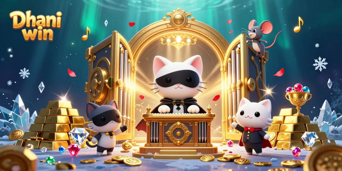 Dhani win illuminates a vibrant casino scene featuring a phantomic cat and a mouse acrobat amidst golden treasures.