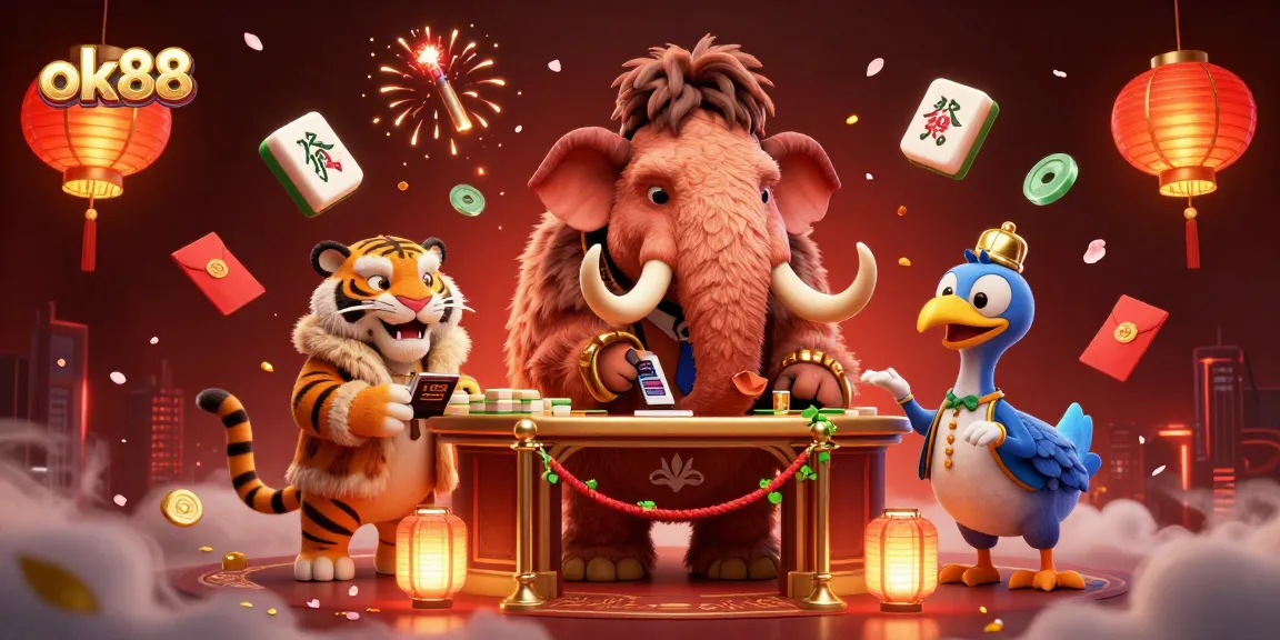 Enjoy thrilling gaming at ok88 with vibrant casino scenes featuring a woolly mammoth bouncer and VIP guests.