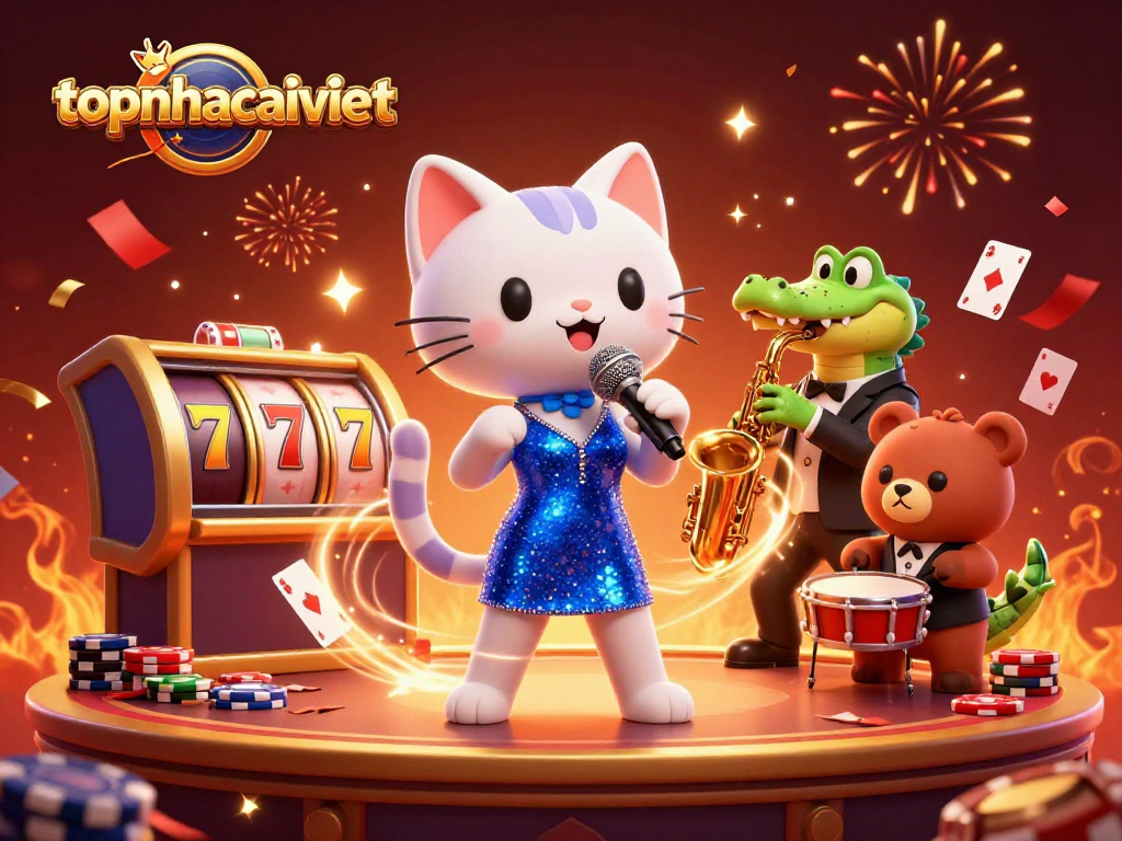 Engage in exciting gameplay at topnhacaiviet, featuring a lively 3D casino scene with vibrant characters.
