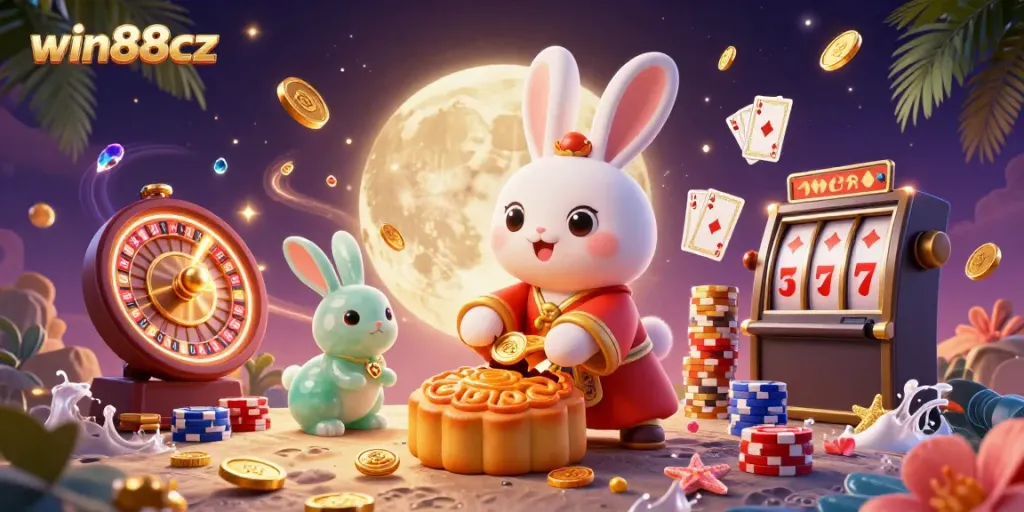 Spin to win with win88cz as a legendary moon rabbit celebrates casino victories!