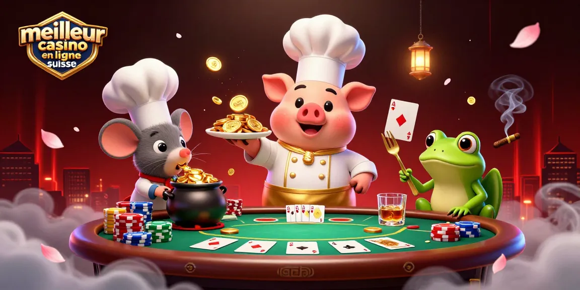 Illustration mettant en avant le meilleur casino en ligne suisse avec un chef cochon servant des pièces d'or, ambiance festive.