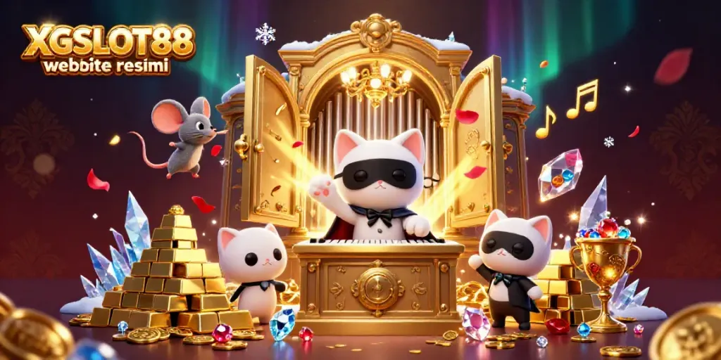 Gambar promosi website resmi XGSLOT88 yang memperlihatkan kucing putih bergaya phantoman opera dan elemen kasino.