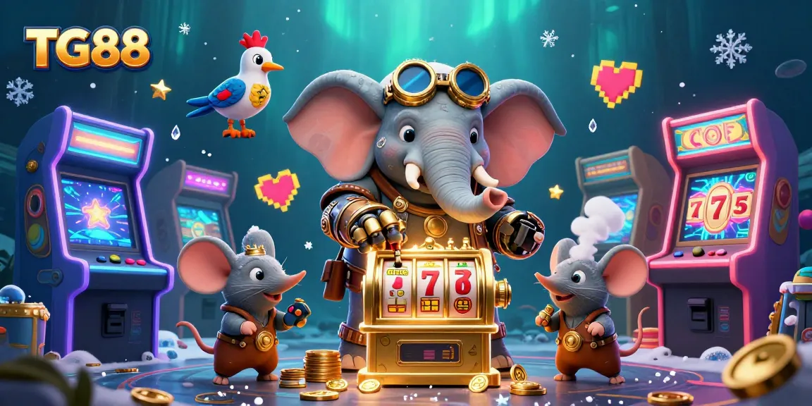 Spin the golden slot machine with TG88's steampunk elephant engineer in this vibrant casino scene.