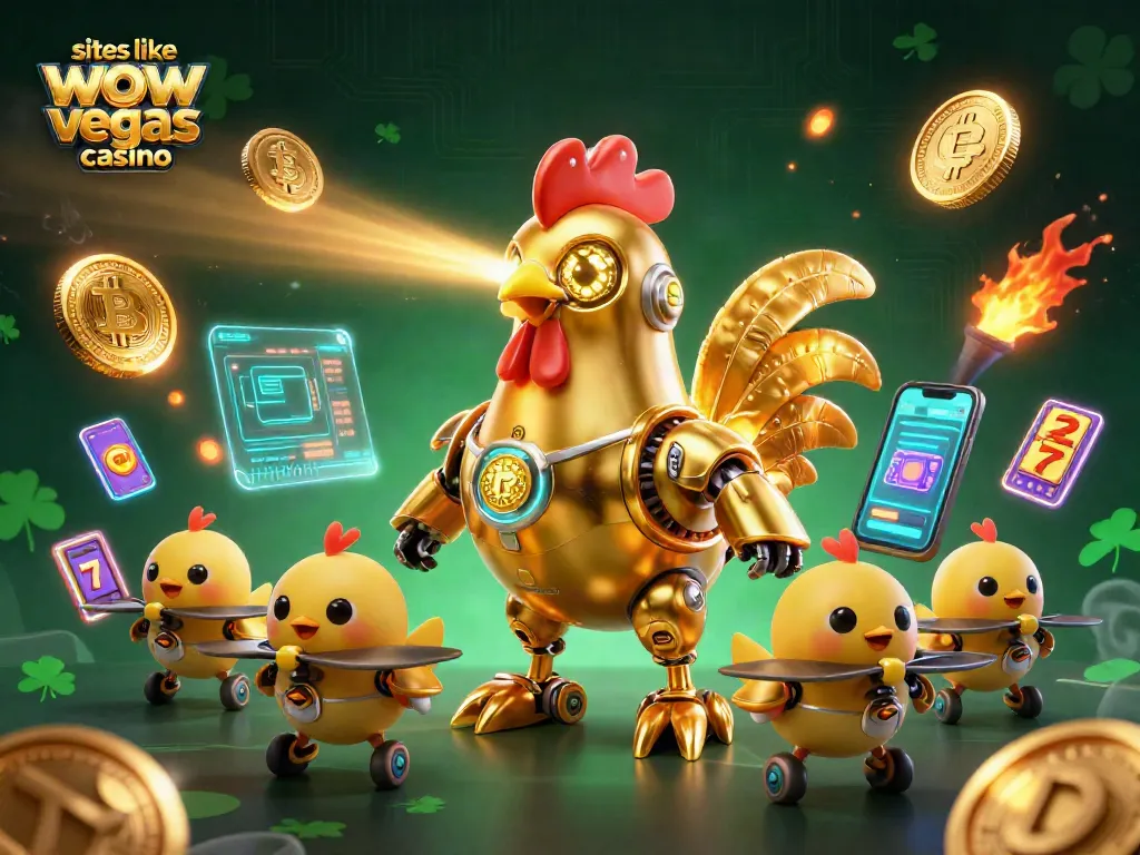 Dynamic illustration of sites like wow vegas casino showcasing colorful slot elements and a golden rooster robot.