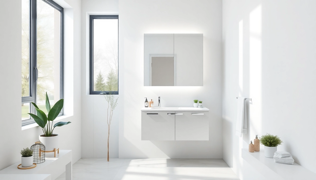 Moderne spiegelschrank bad mit Beleuchtung in einem einladenden Badezimmer zeigen.