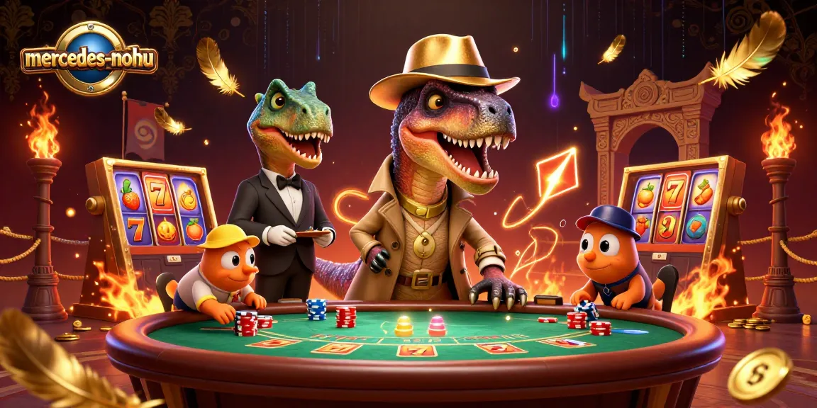 Experience thrilling gambling action with mercedes-nohu as cartoon dinosaurs engage in a blackjack heist.
