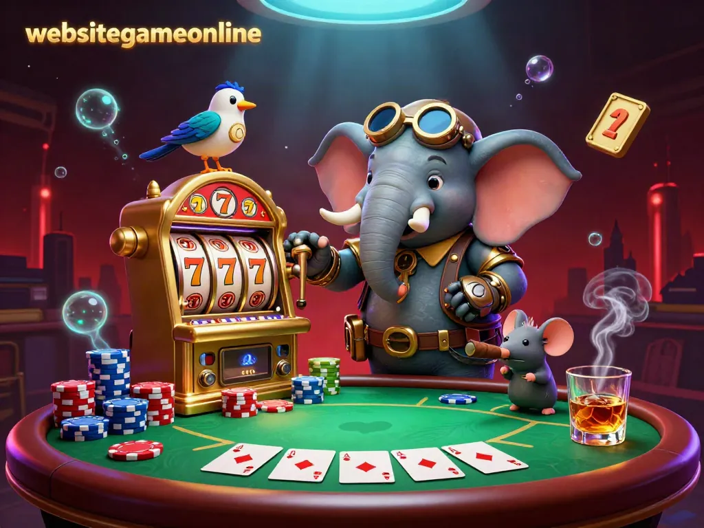 Join the excitement on websitegameonline with a steampunk elephant at a vibrant slot machine.
