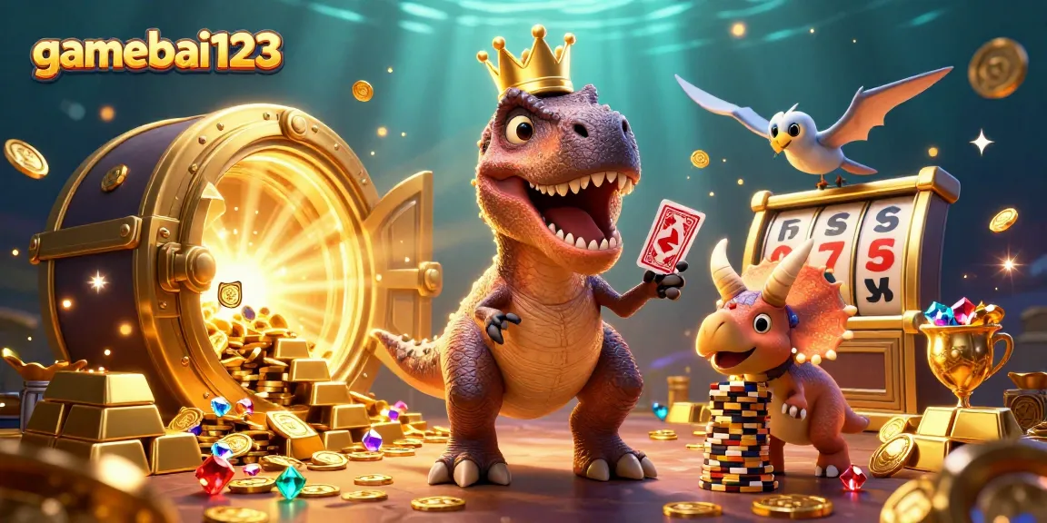 Play thrilling games at gamebai123 as a T-Rex shuffles cards amid sparkling treasures.