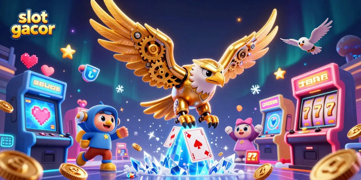 Engage in slot gacor gaming with golden eagle amidst vibrant arcade and casino elements.