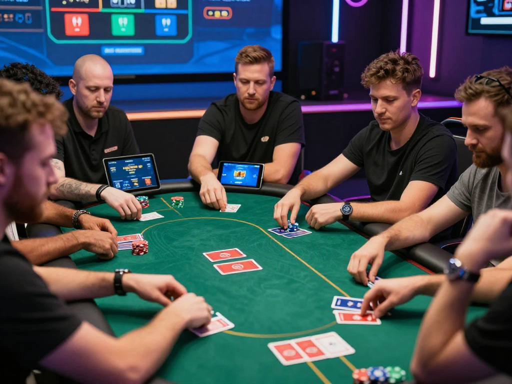 Engaging online poker game scene on Poker88, showcasing diverse players interacting with vibrant cards and chips.