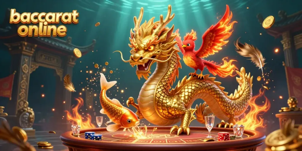 Experience baccarat online with a dazzling 3D scene featuring a golden dragon, phoenix, and flowing coins.