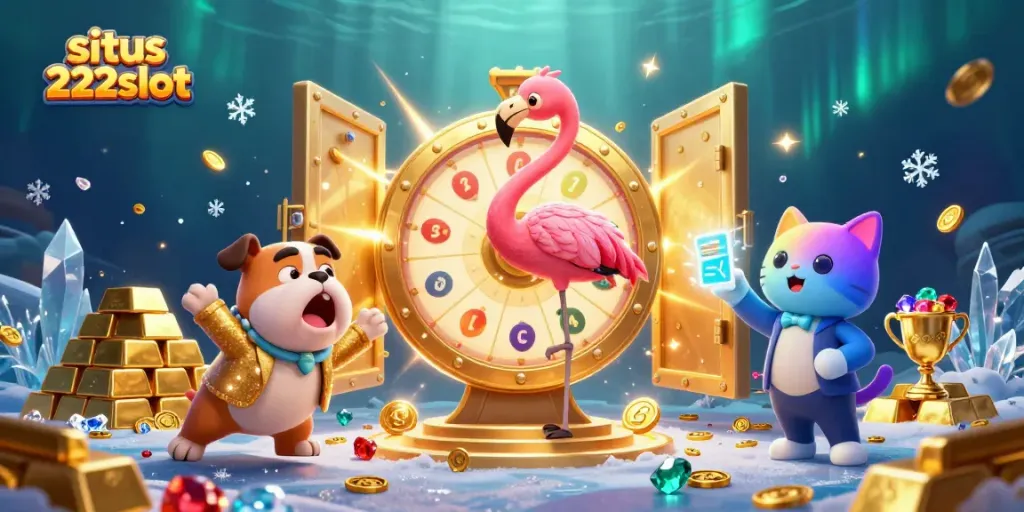 Permainan slot yang menarik di situs 222slot dengan karakter ceria dan harta karun berkilauan.