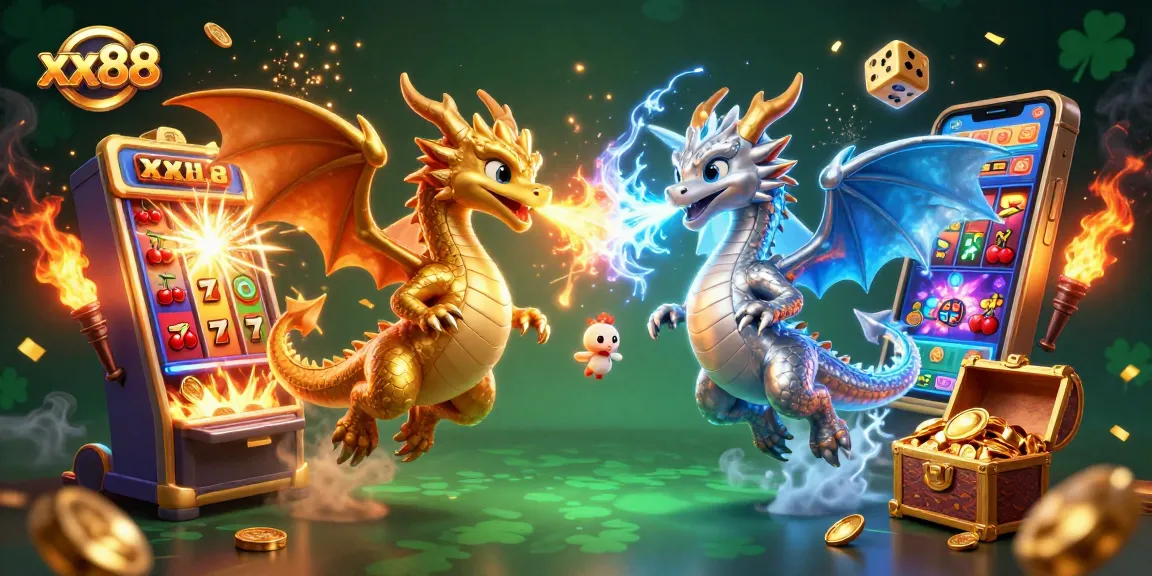 Experience xx88's dynamic gaming world with twin dragons and a jackpot explosion in this captivating illustration.