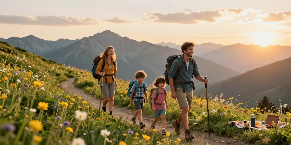 A family adventure hiking in scenic mountains, exploring nature with joy and excitement, embodying the mantra88 spirit.