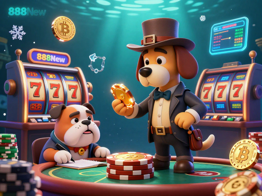 Engage in thrilling gameplay at 888New, featuring interactive 3D characters amidst a vibrant casino scene filled with poker chips and cryptocurrency elements.