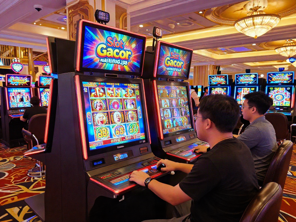 Exciting gaming moment at the Slot Gacor MAHJONGJP88 slot machine amidst a lively casino.