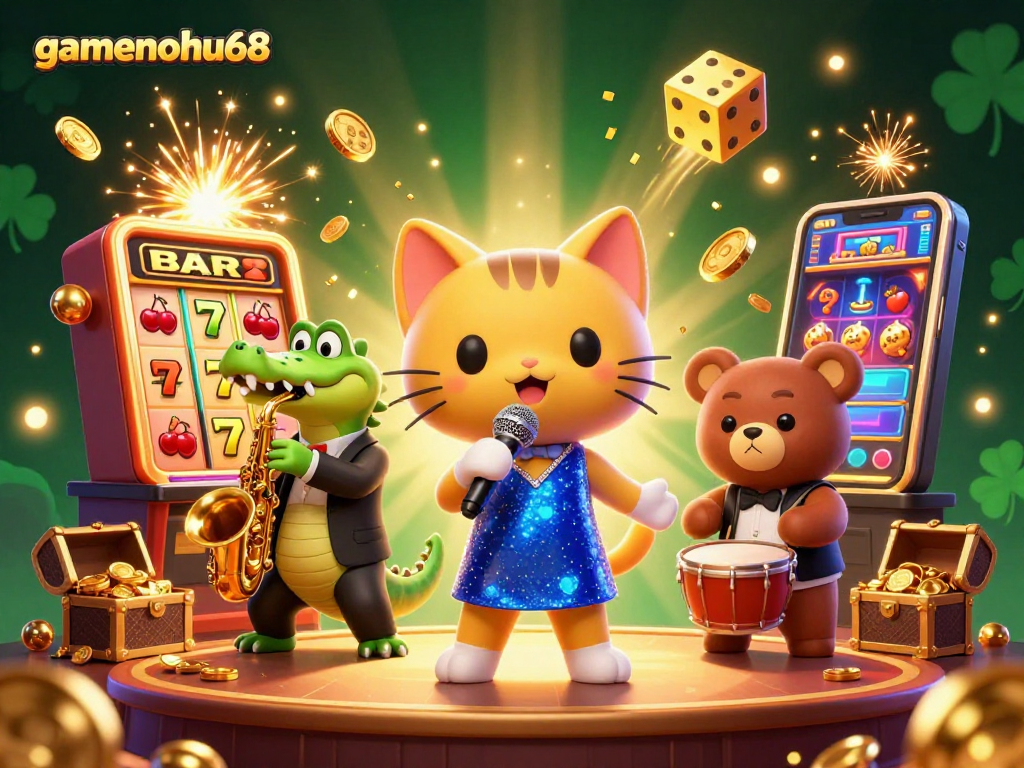 Experience the thrill at gamenohu68 with joyful casino characters and a jackpot explosion.