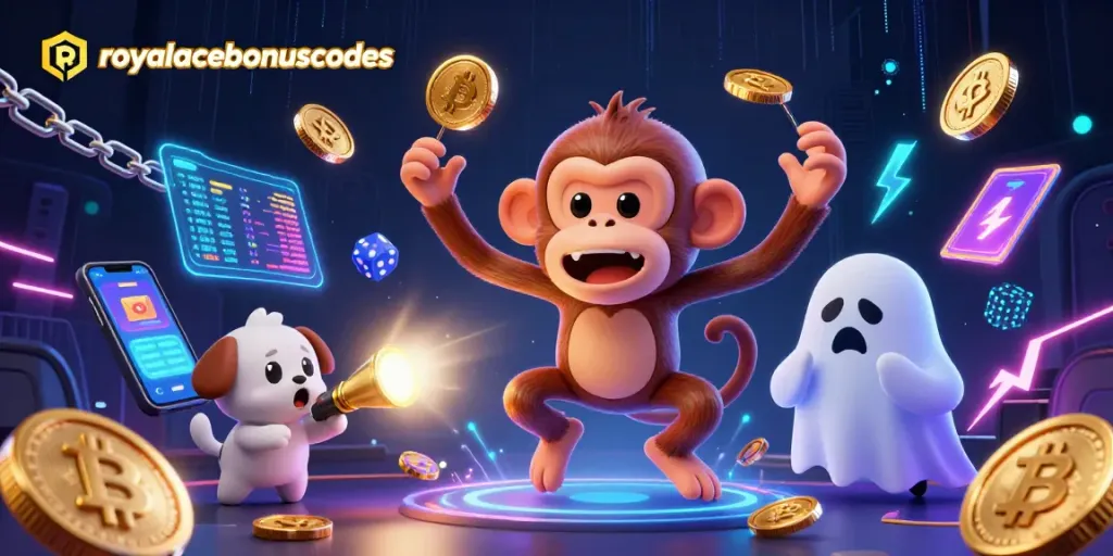 Experience royalacebonuscodes in action with exciting juggles and crypto elements illuminating a haunted casino.