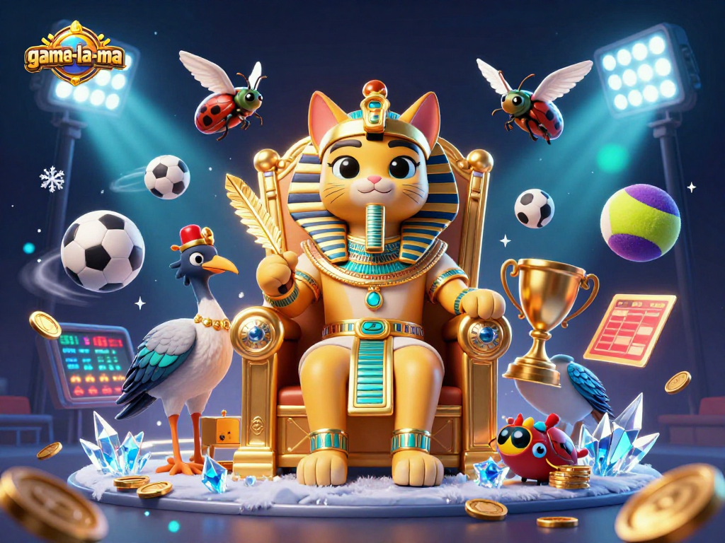Engage with game-la-ma's dynamic casino illustration featuring a pharaoh cat and sports elements.