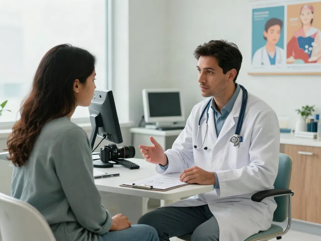 Doctor explaining stomach cancer treatment in Abu Dhabi during a patient consultation.