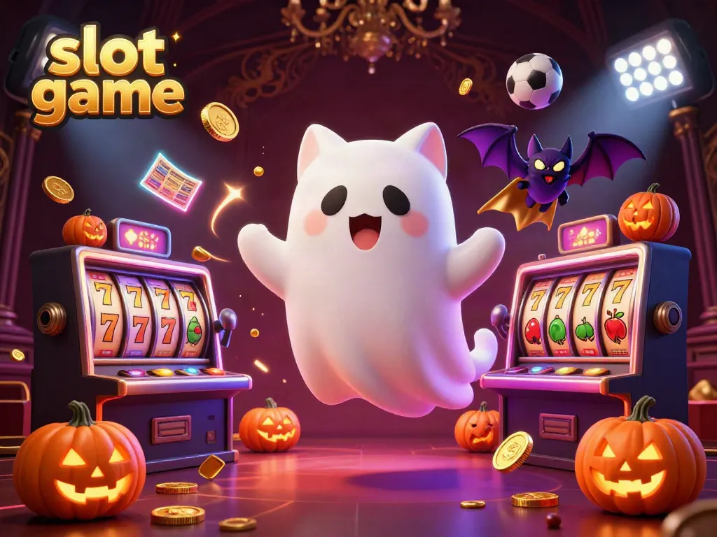 Ghost cat exploring a haunted casino with slot games and glowing jackpots.