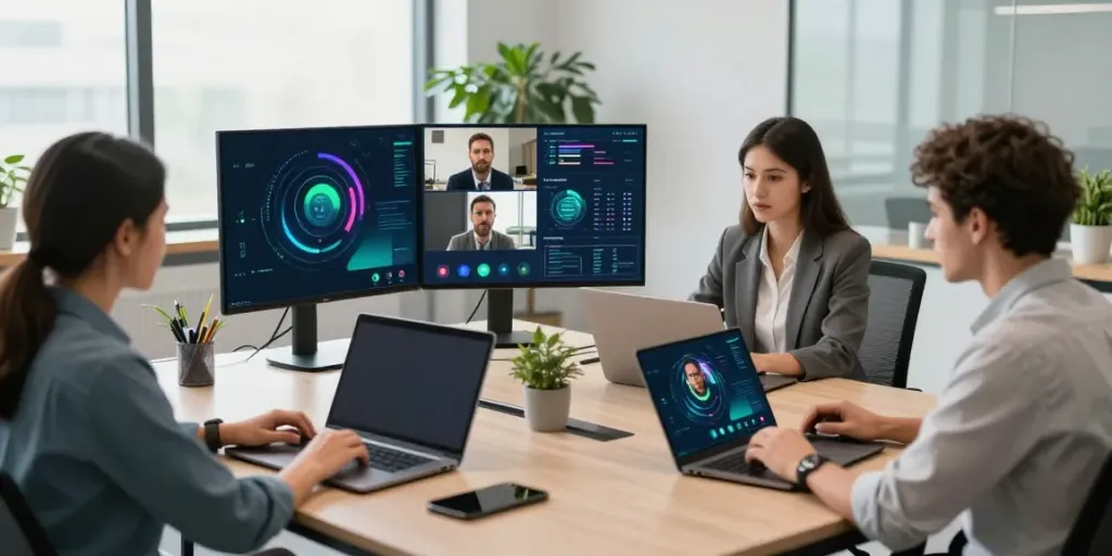 Engaging deepfake protected Online Video Calls, Meetings and Conferencing scene in a modern office.