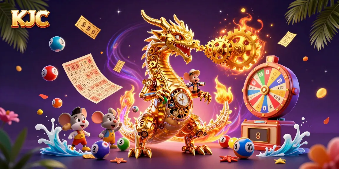 KJC showcases a golden dragon breathing gears and bright lottery balls in an exciting casino scene.
