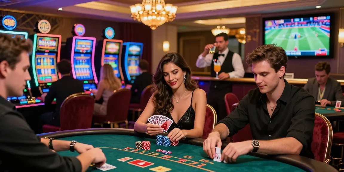 Gambaran suasana kasino mewah LUXURY777 dengan pemain di meja poker dan mesin slot berwarna cerah.