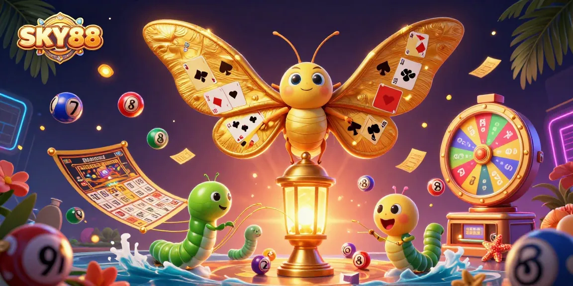 Experience thrilling moments with SKY88, showcasing vibrant lottery elements and a majestic moth design.
