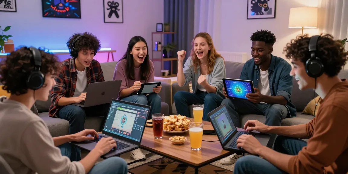 Exciting gaming session with players using devices while enjoying snacks, inspired by https://www.benmillerband.com/.