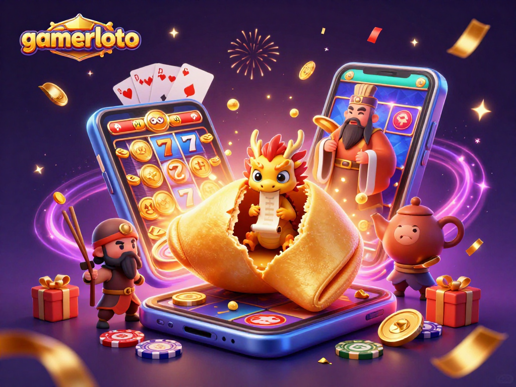 Experience gamerloto excitement with a vibrant 3D casino scene featuring a fortune cookie and magical elements.