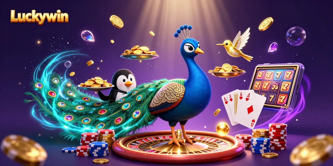Experience the excitement of Luckywin with a vibrant casino scene filled with golden chips and dynamic game elements.