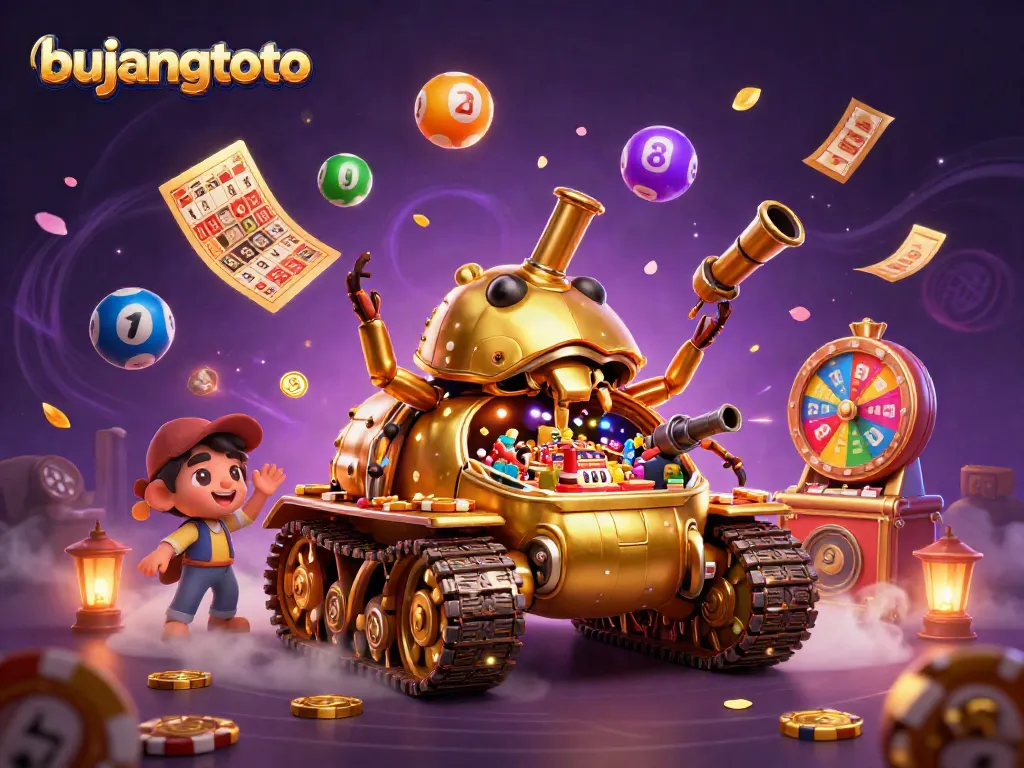 Experience gaming excitement with bujangtoto's 3D casino beetle tank illustration featuring lively game elements.
